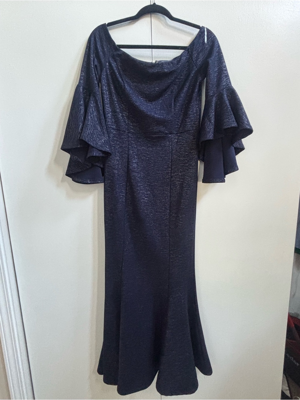 VENUS Navy Off-Shoulder Maxi Dress with Ruffled Bell Sleeves